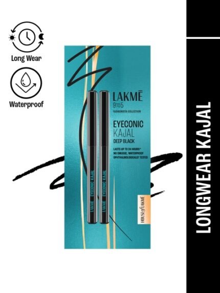 Lakme 9 to 5 Set of 2 Fashionista Eyeconic Lasts upto 24hrs Kajal - Deep Black, 0.35g Each