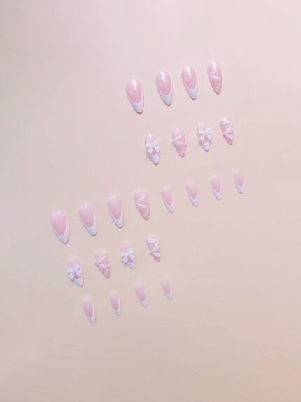 The Pink Truck Set Of 24 Reusable Nails & Application Kit- Creamy Shine With Bow & Pearls